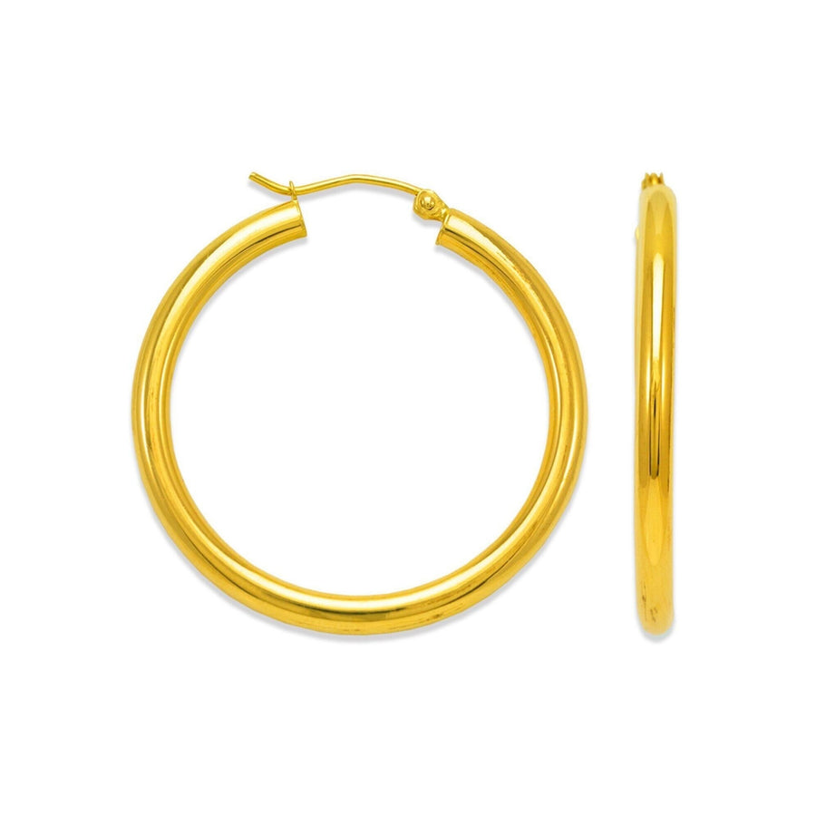 pair of polished yellow gold tube hoop earrings shown from front and side profiles.