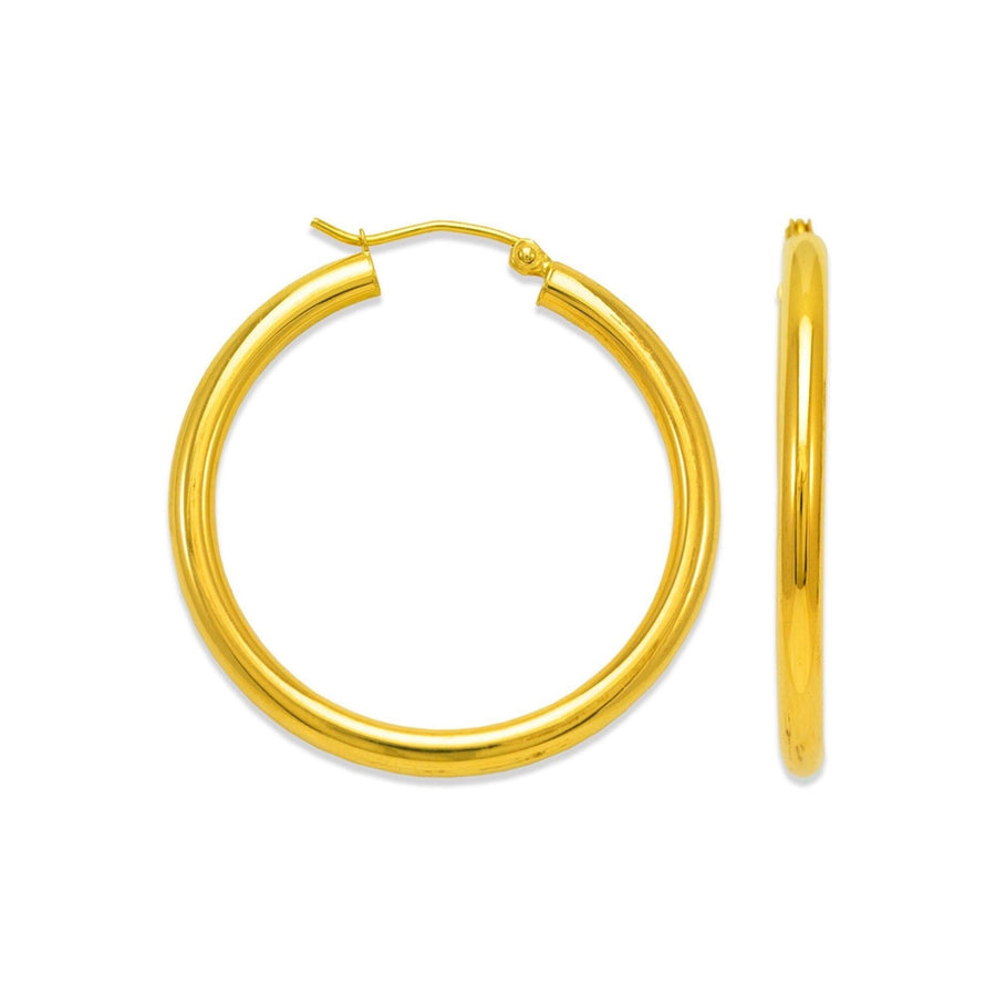 14k yellow gold classic round circle tube hoop earrings for women simple plain polished design.