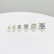 Size comparison of 14k gold square CZ stud earrings ranging from 2mm to 7mm.