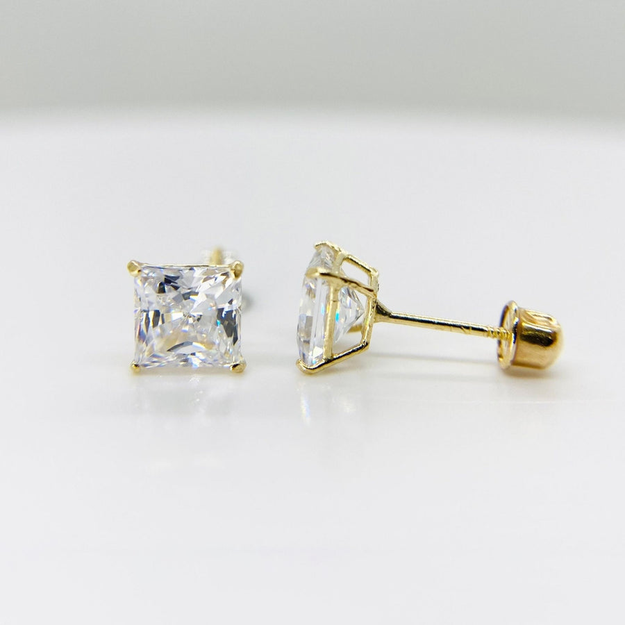 Pair of square cubic zirconia stud earrings set in polished 14k yellow gold.