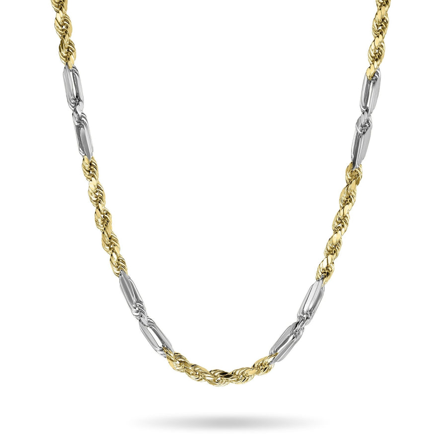 14k gold classic two-tone Milano solid chain necklace on white background.
