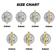14k gold classic two-tone Milano solid chain width size chart compared to quarter coins.