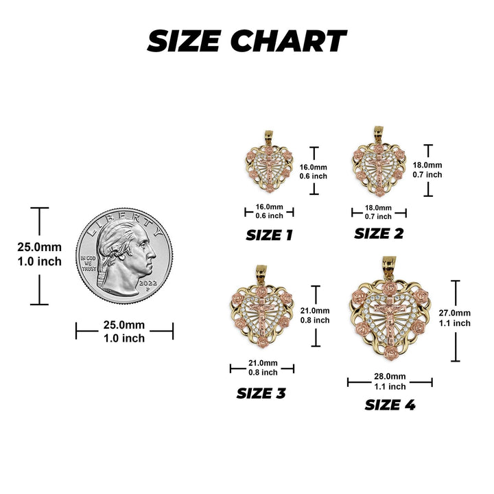 Size chart comparing four dimensions of the 14k gold crucifix heart pendant to a quarter.