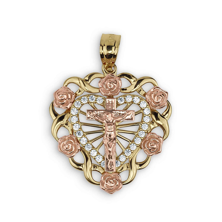 Two-tone yellow and rose gold heart pendant featuring a crucifix and floral rose accents.