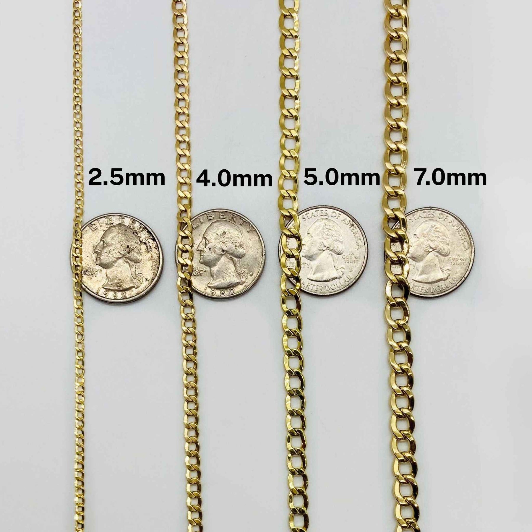 Gold chain necklaces of different widths with coins for size comparison on a light gray background