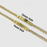 14k gold classic and pave Cuban link ID bracelets labeled Classic Style and Paved Style.
