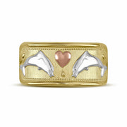Front view of 14k gold dolphin tri-color wide band ring with heart detailing.