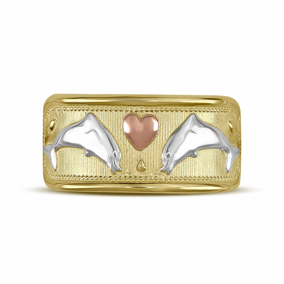 Front view of 14k gold dolphin tri-color wide band ring with heart detailing.