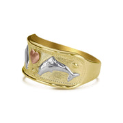 Side view of 14k gold dolphin tri-color wide band ring highlighting rose gold heart.