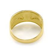 Back view of 14k gold dolphin tri-color wide band ring showing polished inner band.