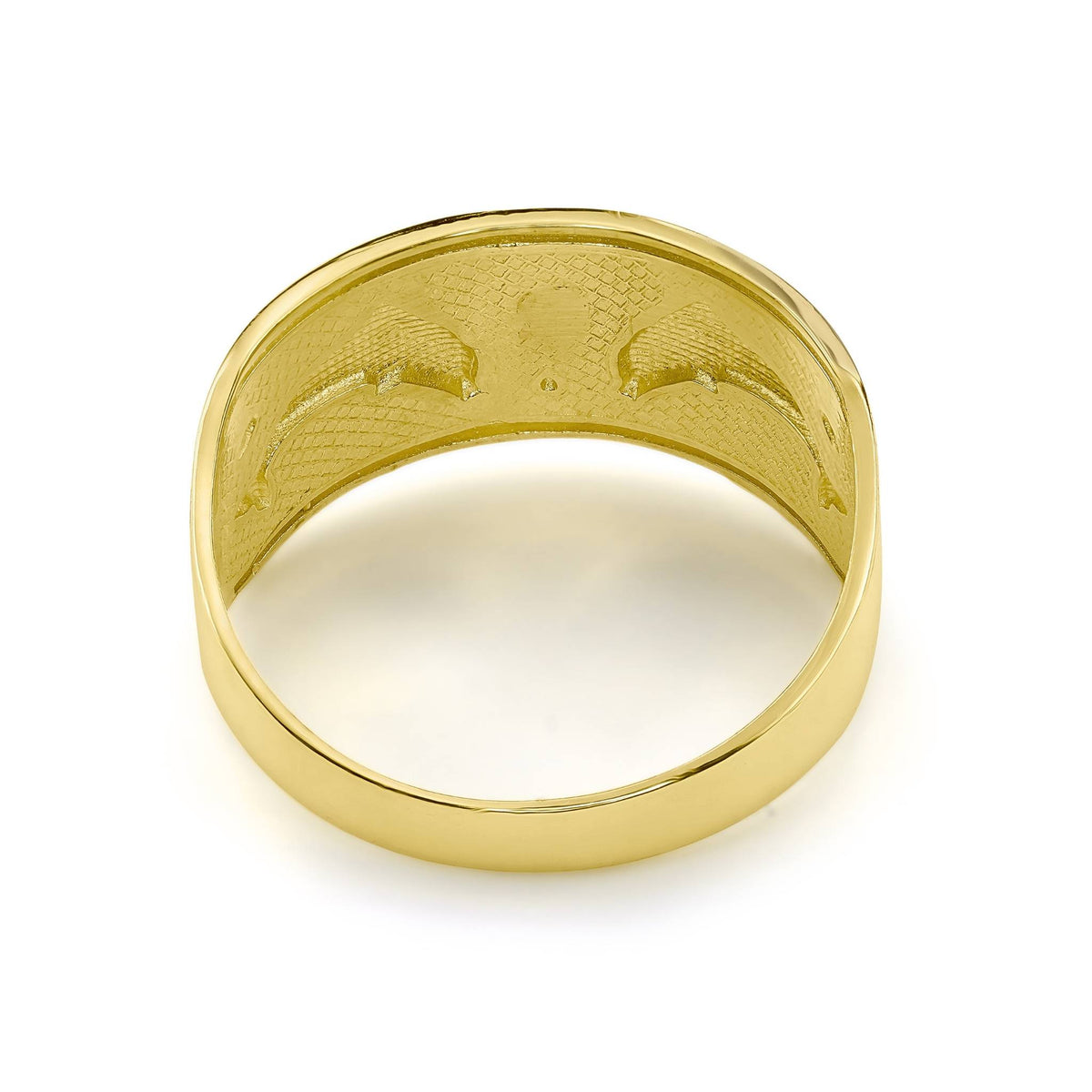 Back view of 14k gold dolphin tri-color wide band ring showing polished inner band.