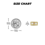 Size chart for 14k gold dolphin tri-color wide band ring comparing dimensions to a quarter.