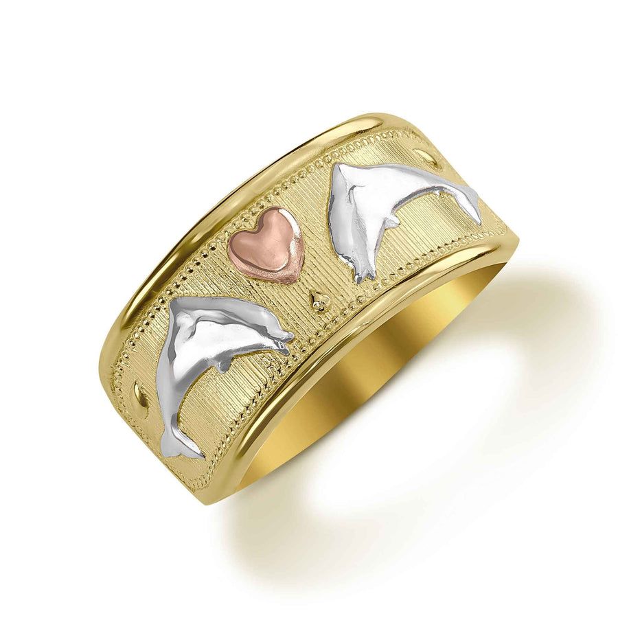 Angled view of 14k gold dolphin tri-color wide band ring on white background.