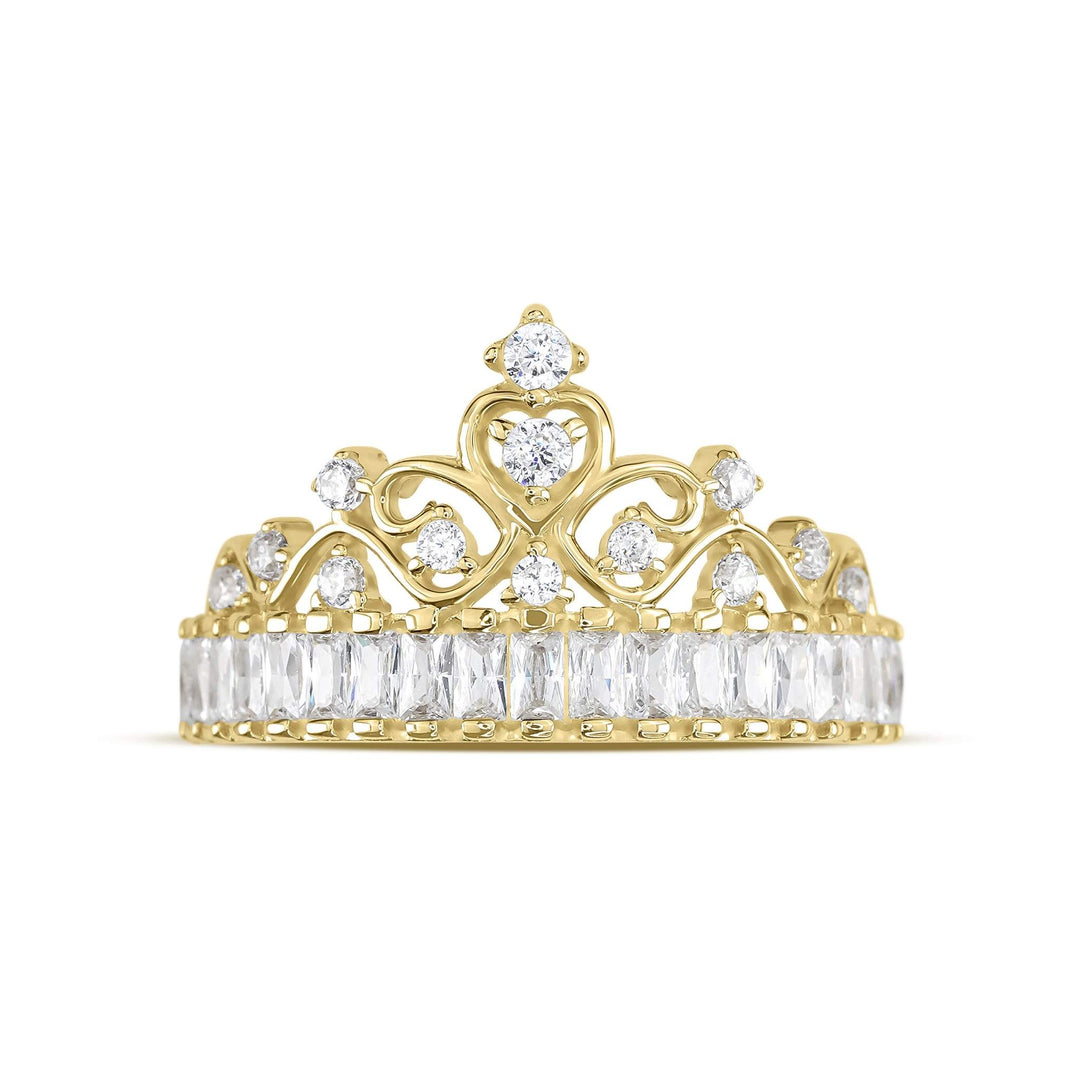 Front view of 14k gold Eler crown cubic zirconia ring showcasing heart filigree.