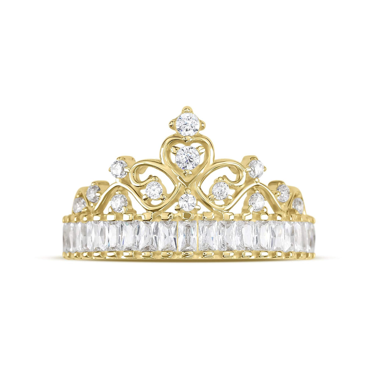 Front view of 14k gold Eler crown cubic zirconia ring showcasing heart filigree.