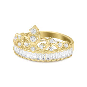 Side view of 14k gold Eler crown cubic zirconia ring showcasing princess-cut band.