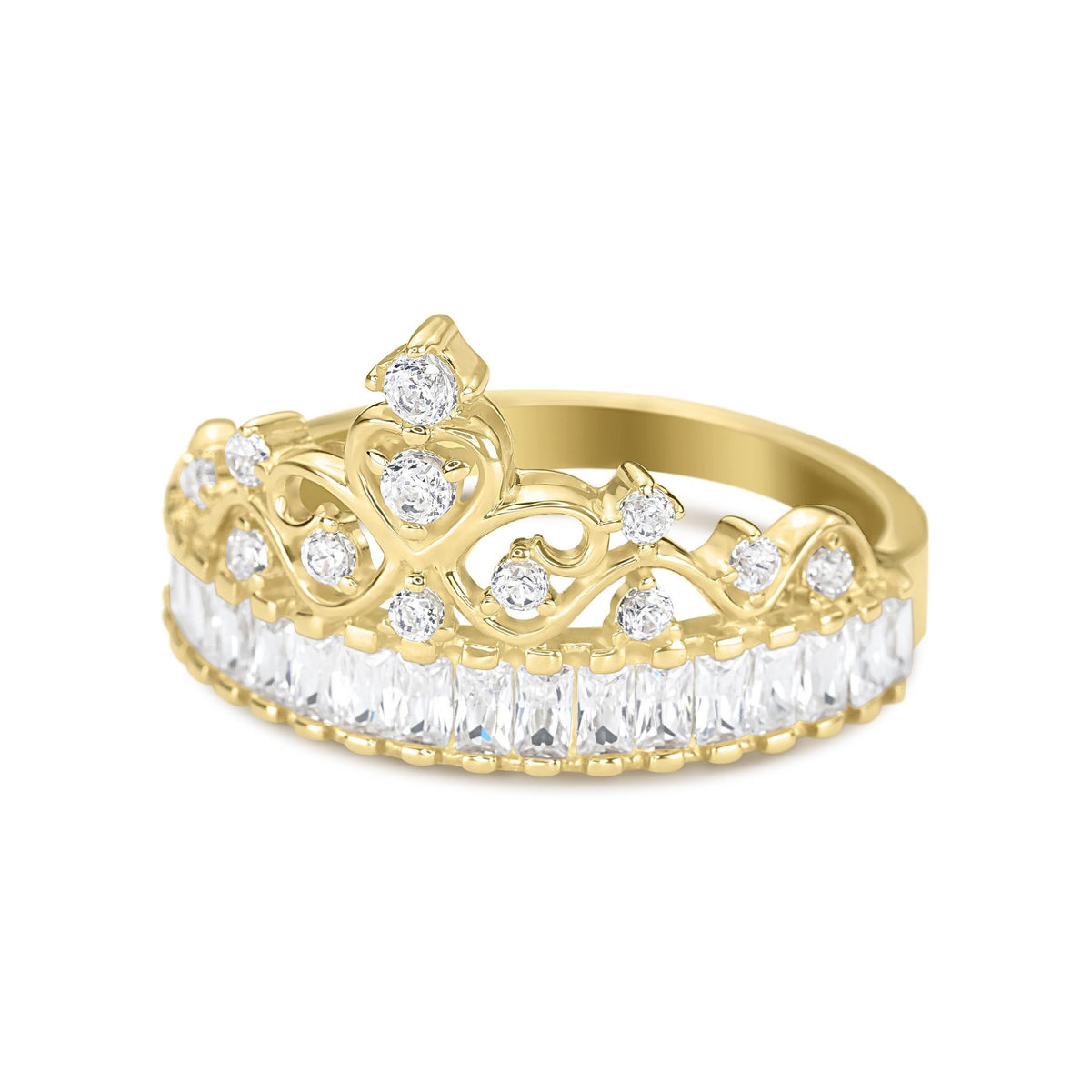 Side view of 14k gold Eler crown cubic zirconia ring showcasing princess-cut band.