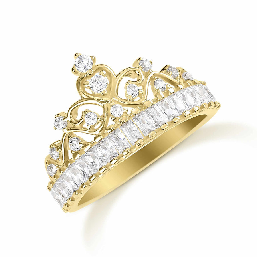 14k gold Eler crown cubic zirconia ring showcasing princess-cut stones on white background.