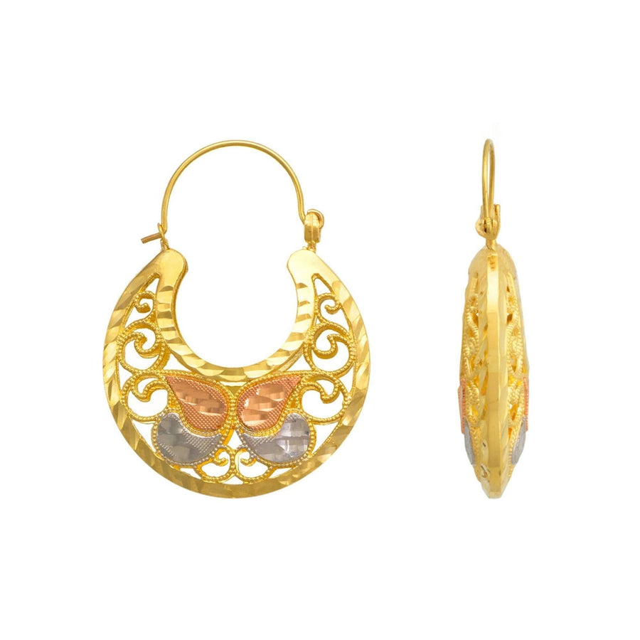 Front and side view of 14k tri-color gold filigree basket dangle hoop earrings.