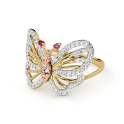 Rear perspective of a two-tone gold butterfly ring showcasing the open-work wing backing.