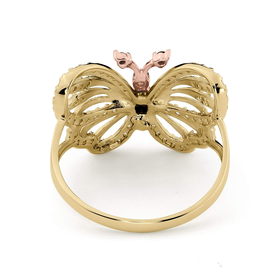 Back view of 14k gold genie butterfly two-tone CZ ring showing inner band.