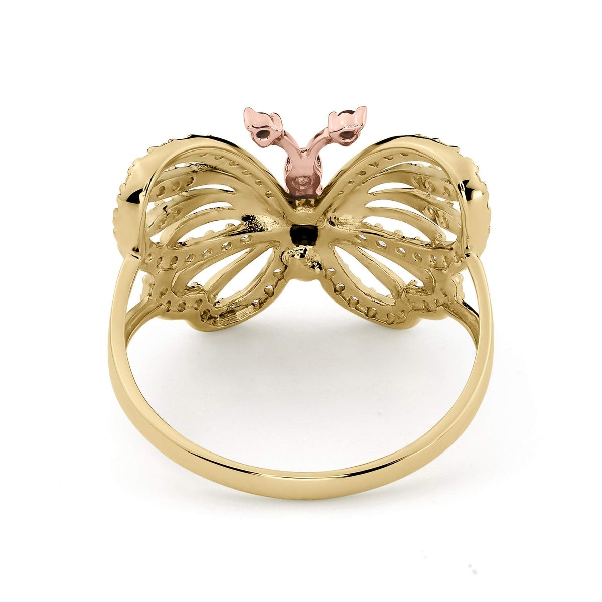 Back view of 14k gold genie butterfly two-tone CZ ring showing inner band.