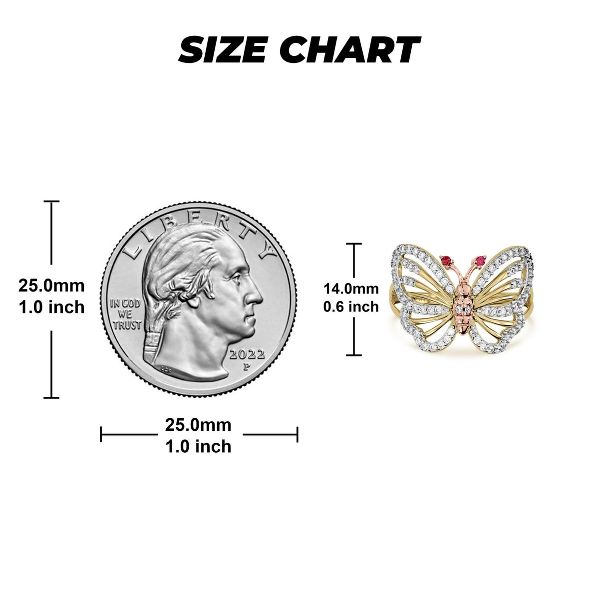 Size chart comparing 14k gold genie butterfly two-tone CZ ring to a quarter.