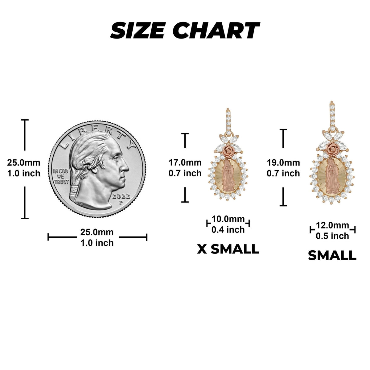 Size chart diagram comparing X Small and Small Guadalupe pendants with a U.S. quarter for scale.