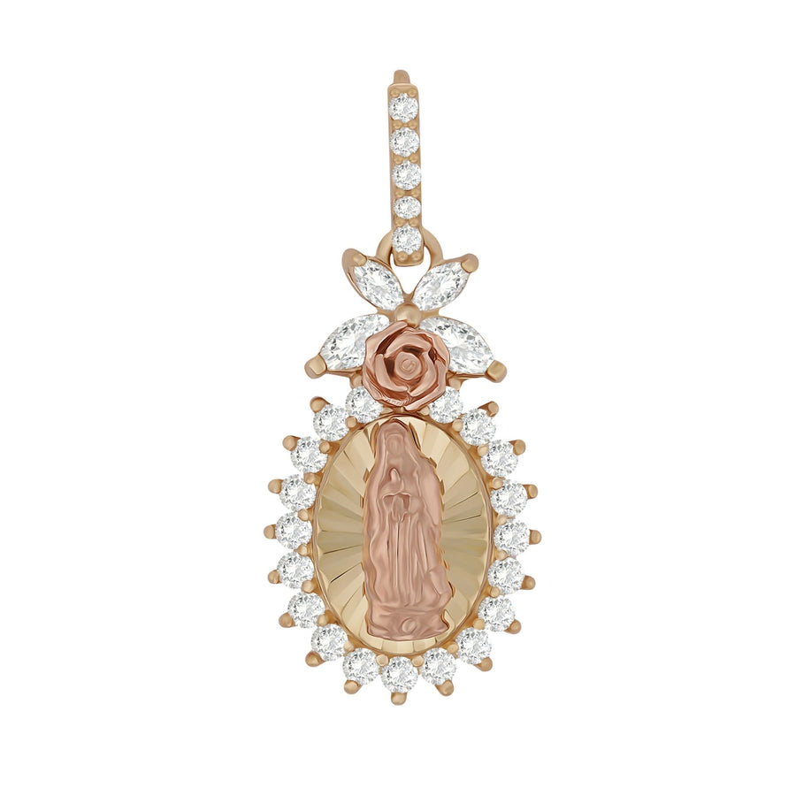 Rose gold Our Lady of Guadalupe pendant with cubic zirconia stones and a rose motif.