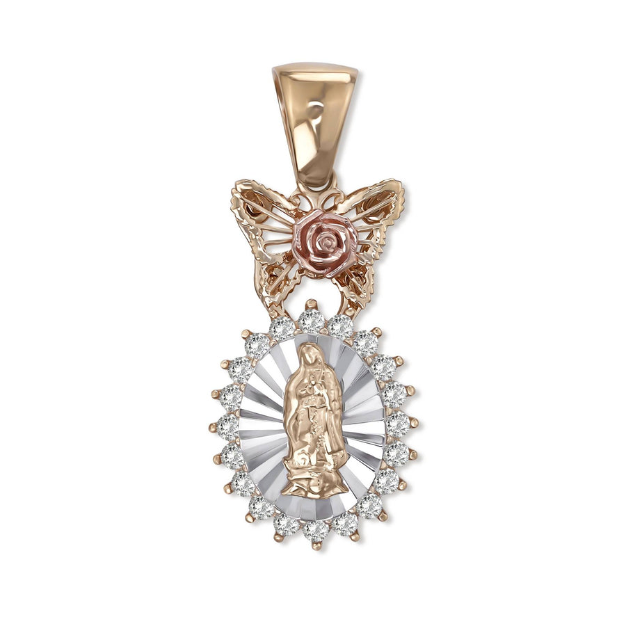 Tri-color gold Guadalupe pendant featuring a butterfly, rose accent, and sparkling cubic zirconia halo.