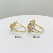 Two 14k gold butterfly rings side view labeled Style 1 and Style 2 on a white background