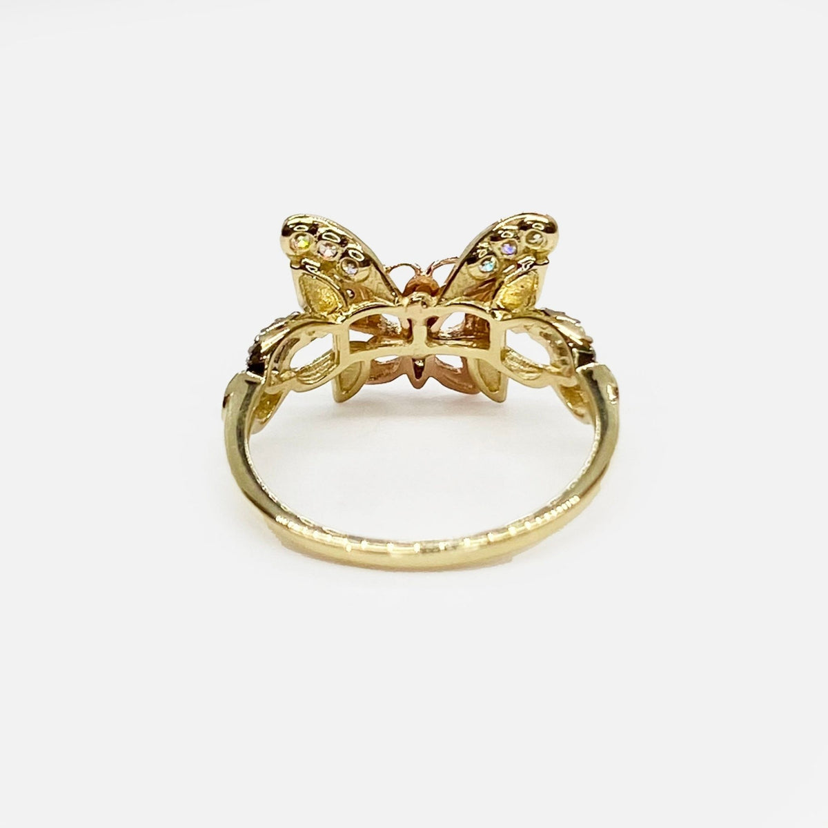 14k Gold butterfly ring back view on a white background