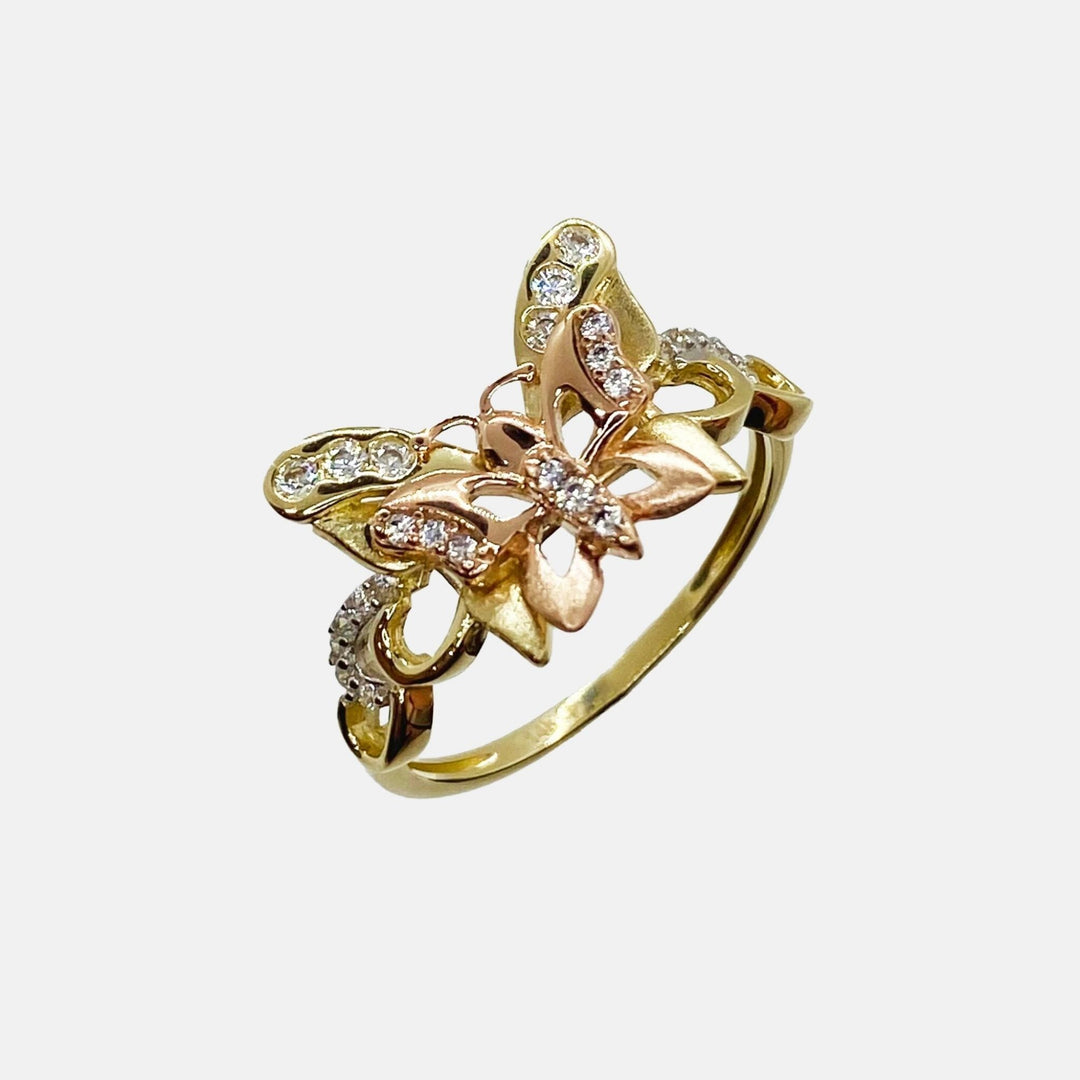 14k Gold ring with butterfly design and Cubic Zirconia on a white background