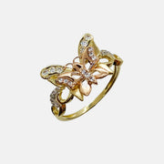 14k Gold ring with butterfly design and Cubic Zirconia on a white background