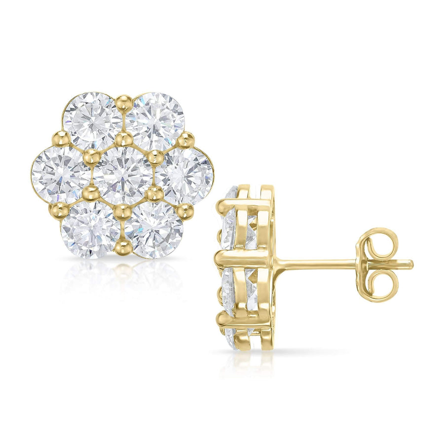 14k gold hex flower stud earrings with clear cubic zirconia, front and side views.