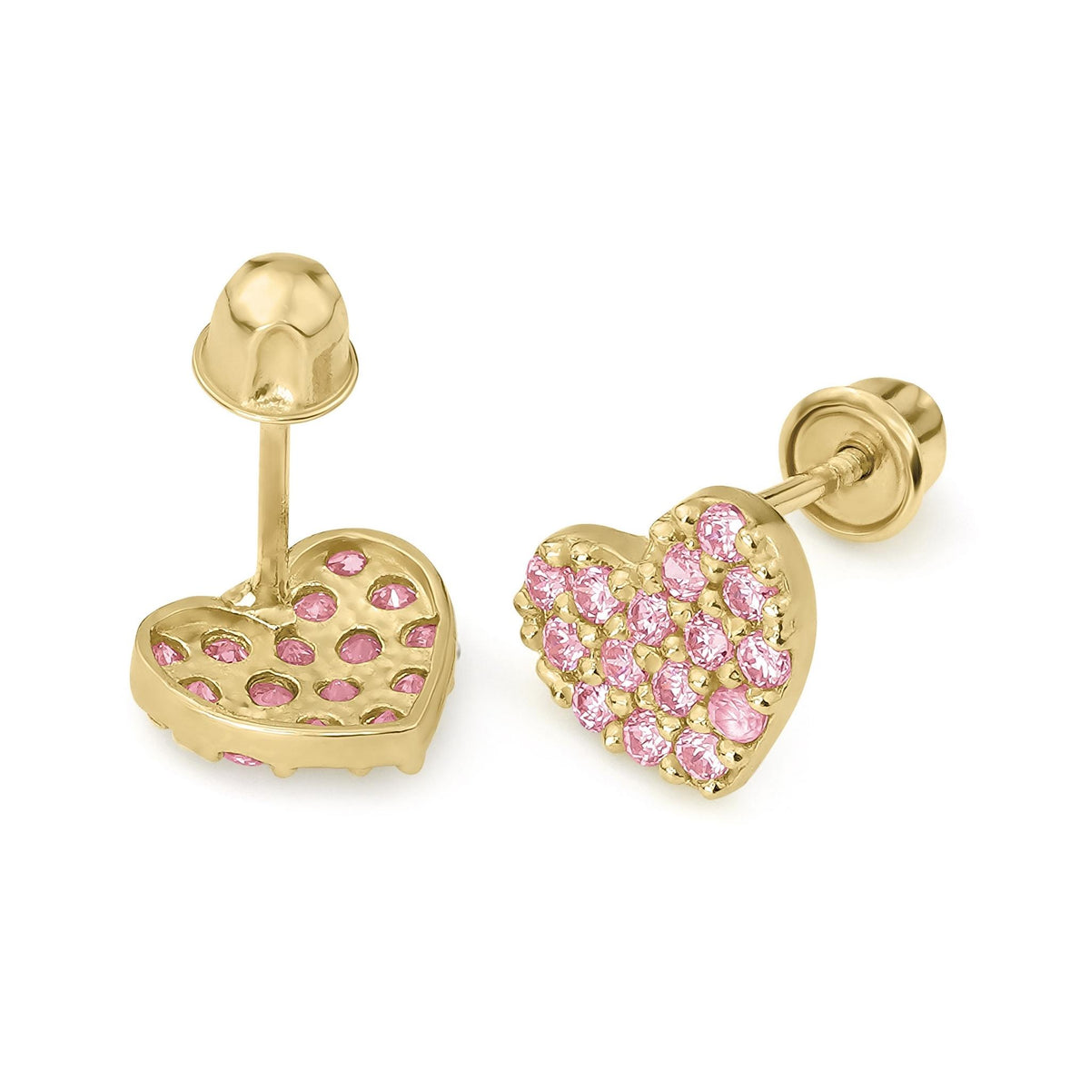 Pair of 14k gold pink heart stud earrings with sparkling zirconia and screw backs.