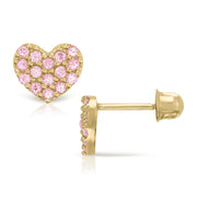 14k gold heart stud earring featuring pink cubic zirconia and a secure screw-back.