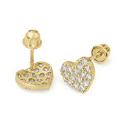 14k gold heart stud earring with clear cubic zirconia and screw-back closure.