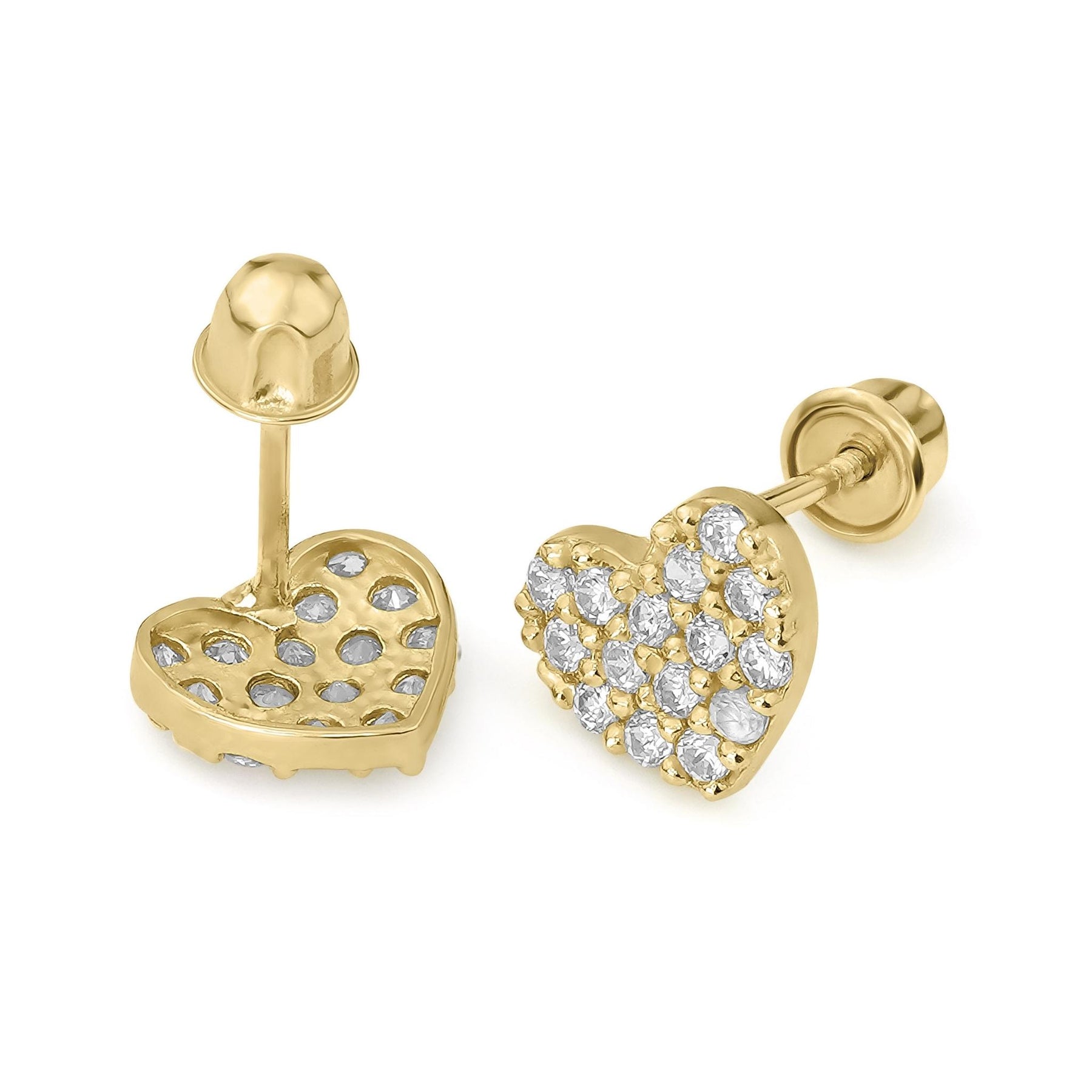 14k gold heart stud earring with clear cubic zirconia and screw-back closure.