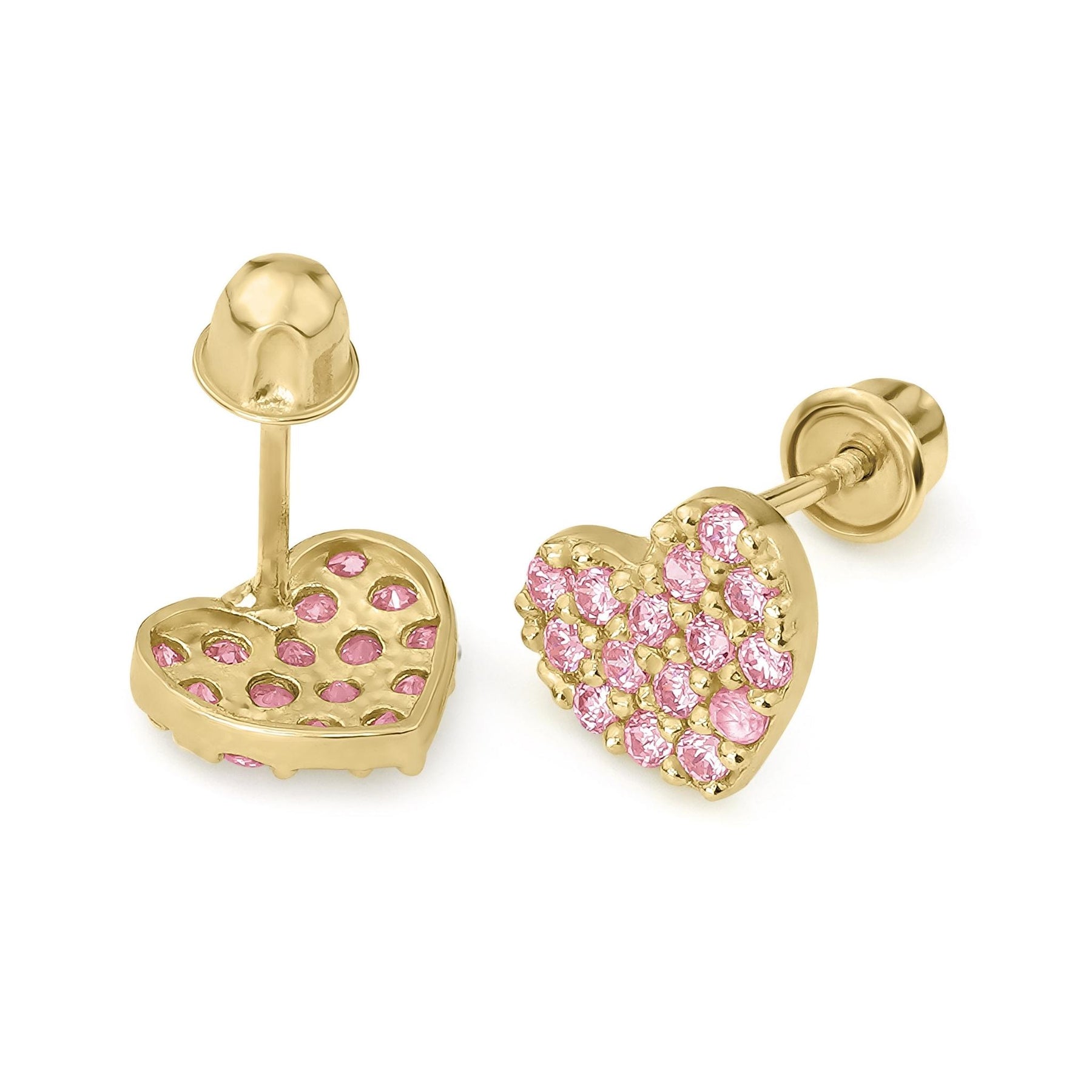 14k yellow gold heart stud earrings featuring pink cubic zirconia and screw-back posts.