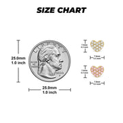 Size chart comparing 7.5mm by 7.0mm heart stud earrings to a US quarter.