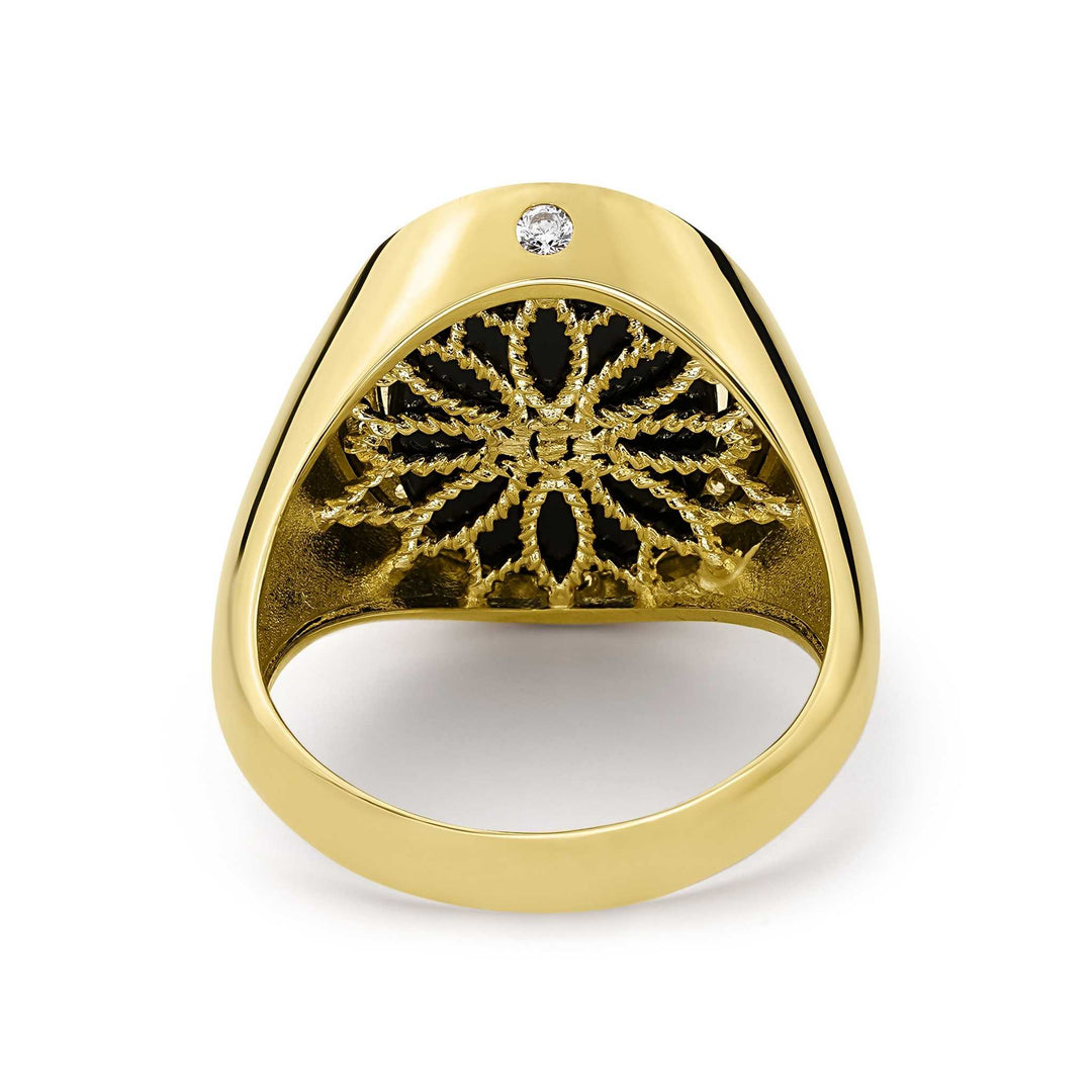 nner band detailing and filigree backing of the 14k Gold Initial Onyx Enigma Ring.
