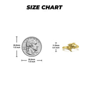 Size chart for 14k gold Kari dolphin ring comparing width to a quarter.