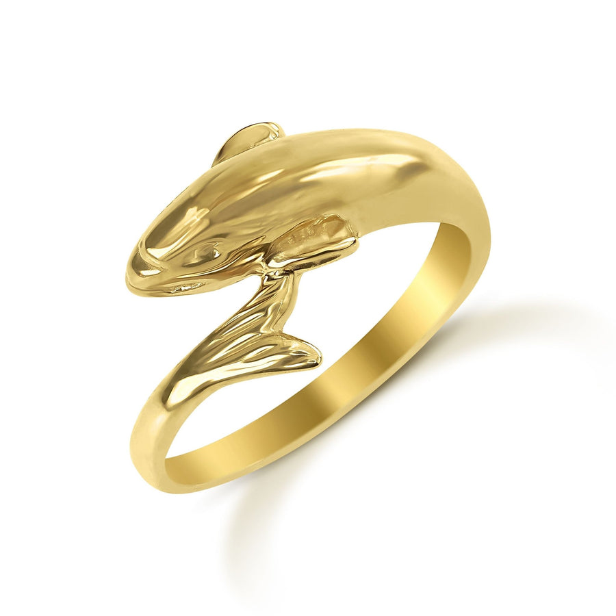 Angled view of 14k gold Kari dolphin ring on a white background.