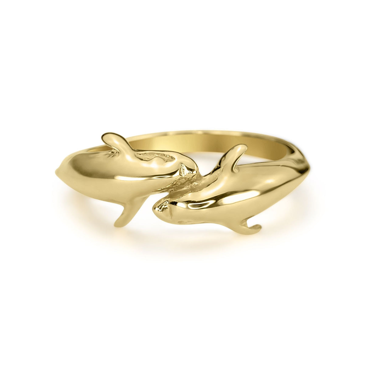 Alternative angle of 14k gold Kari dual dolphin ring on a white background.
