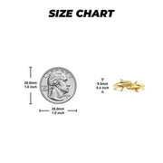 Size chart for 14k gold Kari dual dolphin ring comparing width to a quarter.