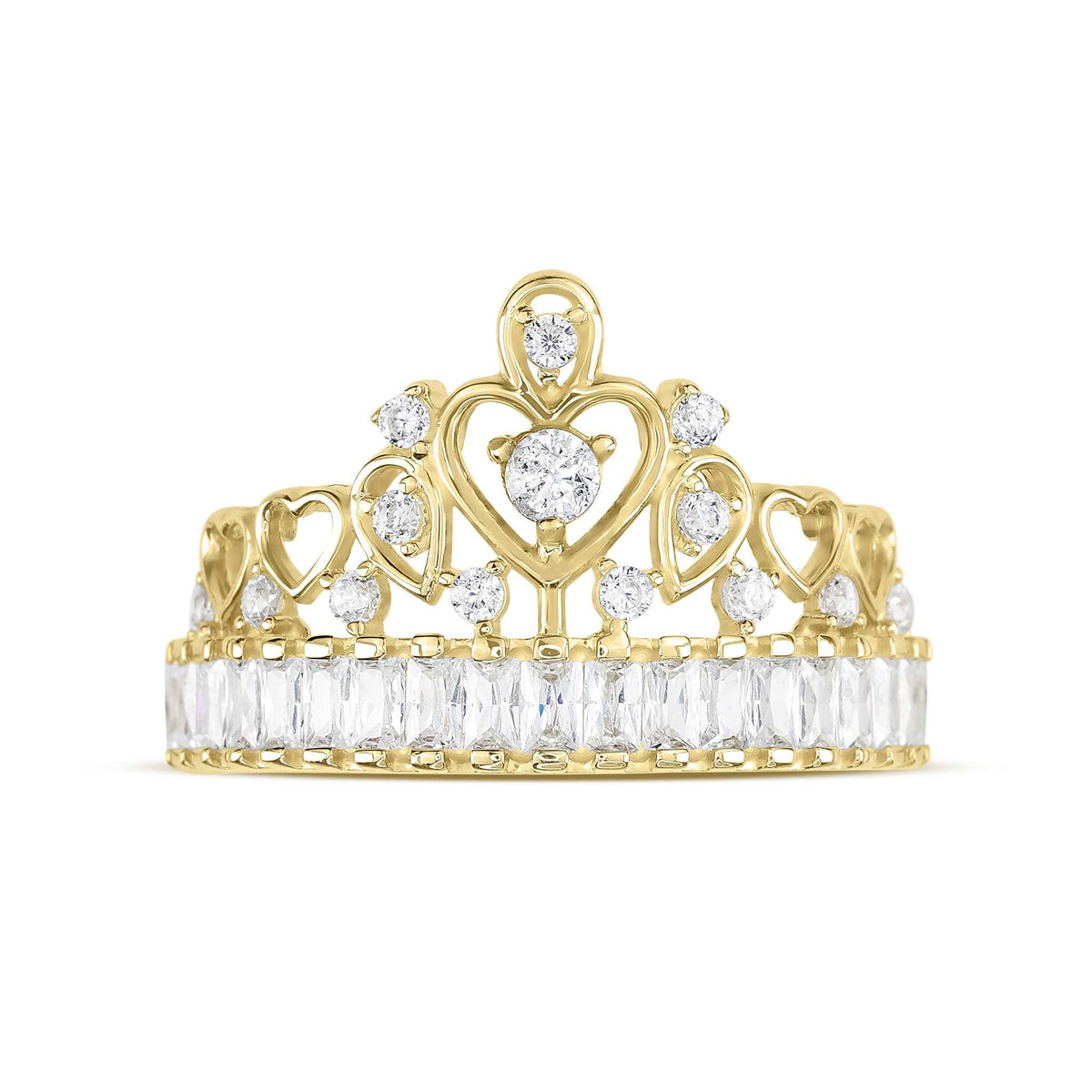 Front-facing shot of a gold heart-accented crown band ring on a white background.