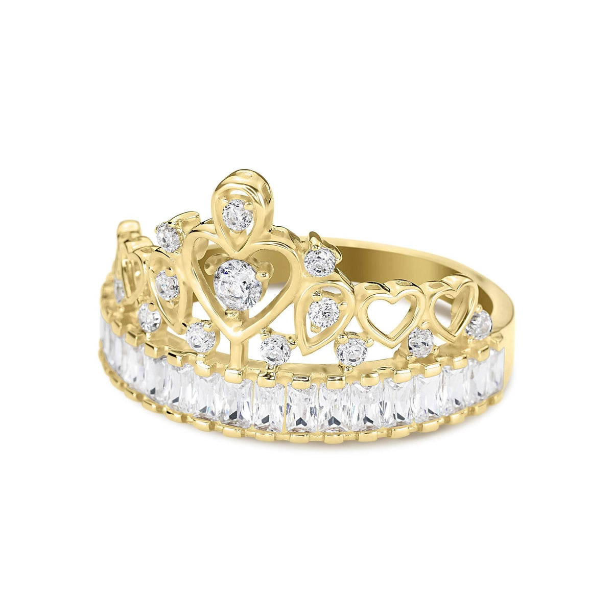 Angled shot of a 14k gold tiara ring showing repeating heart filigree and clear crystals.