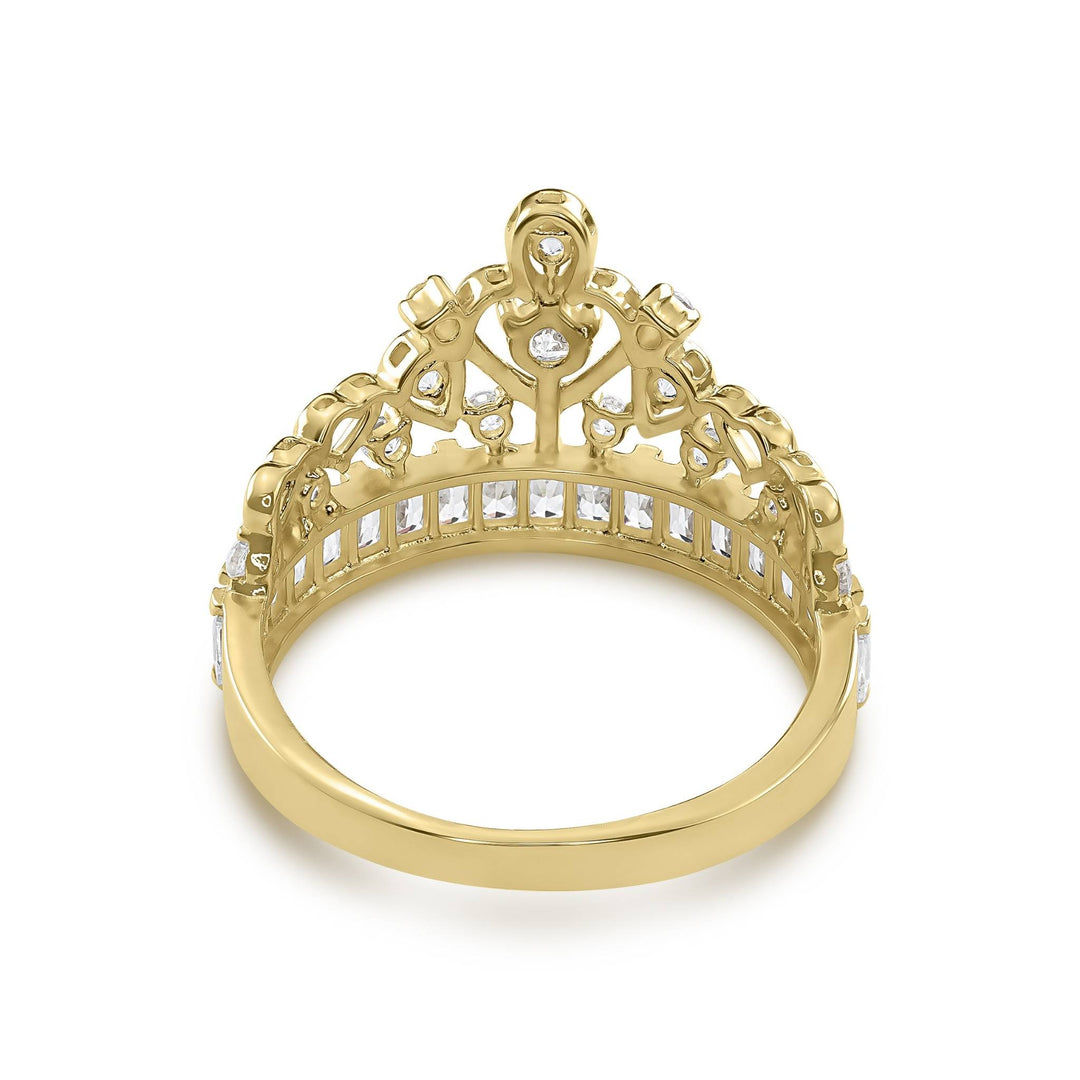 Rear angle of a 14k gold crown band ring revealing the hollow filigree structure.