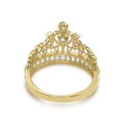 Rear angle of a 14k gold crown band ring revealing the hollow filigree structure.